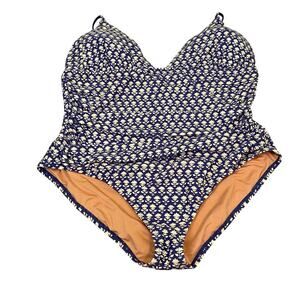 J Crew Blue White Floral One Piece V Neck Bathing Suit Flattering Size 22 NWOT